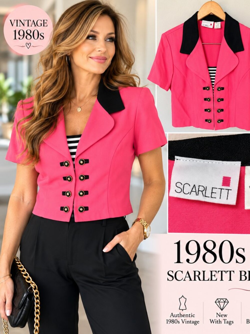Vintage 80s SCARLETT Hot Pink Blazer Jacket Black Collar NWT Size 12